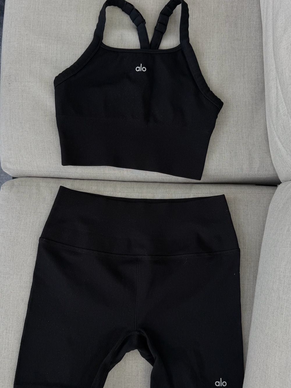 ALO Yoga Black High-Rise Ribbed Bike Shorts and Top